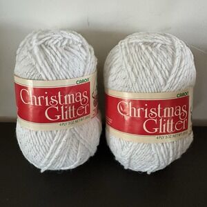 2 Skeins Caron Christmas Glitter Yarn 4 Ply Worsted Weight Acrylic 0101 White